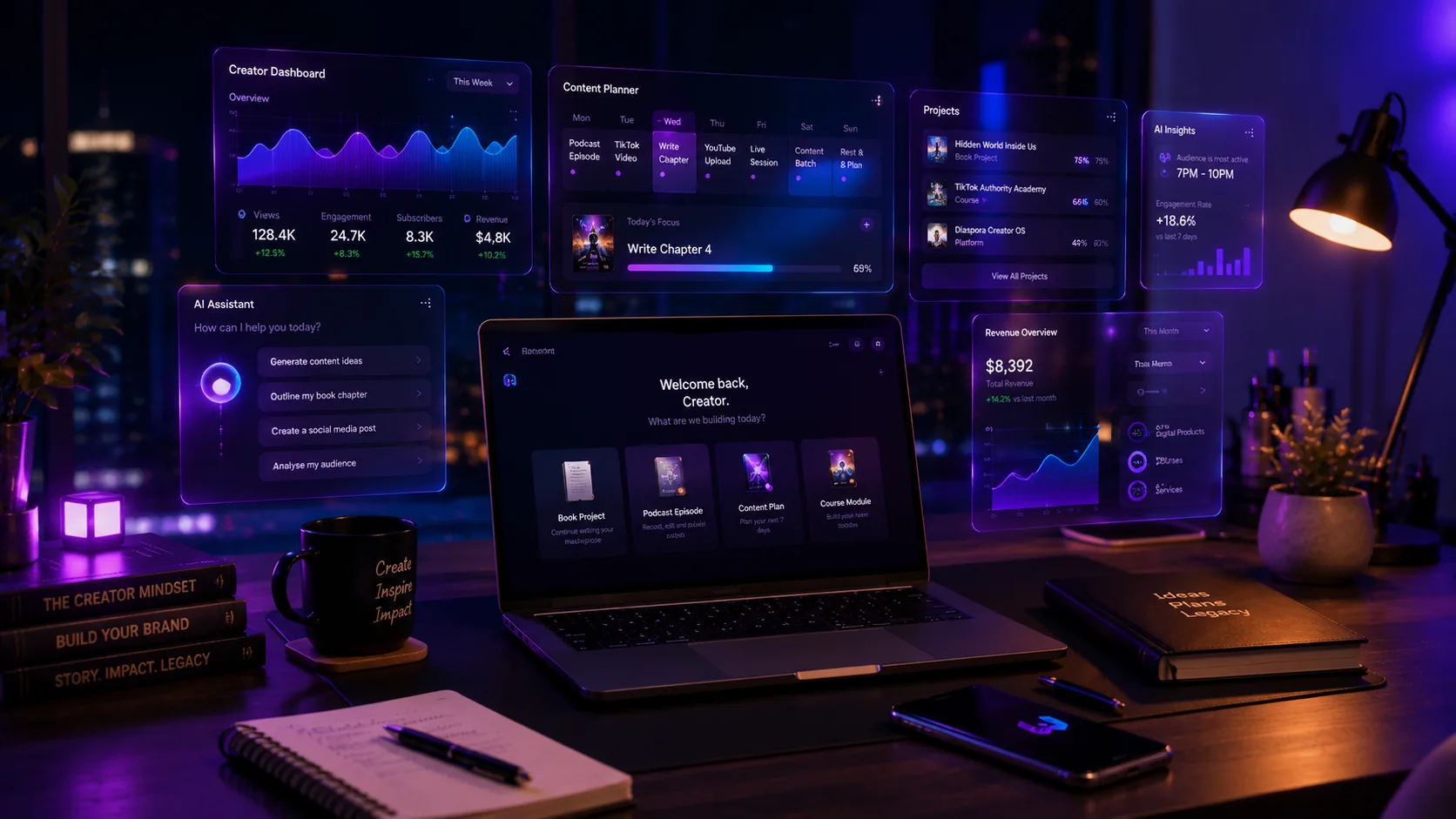 Hello World Studio creator dashboard visual representing connected products and workflows