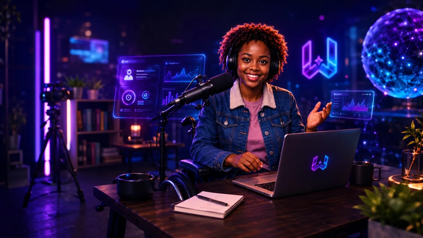 AI educator creating practical learning content in a branded studio