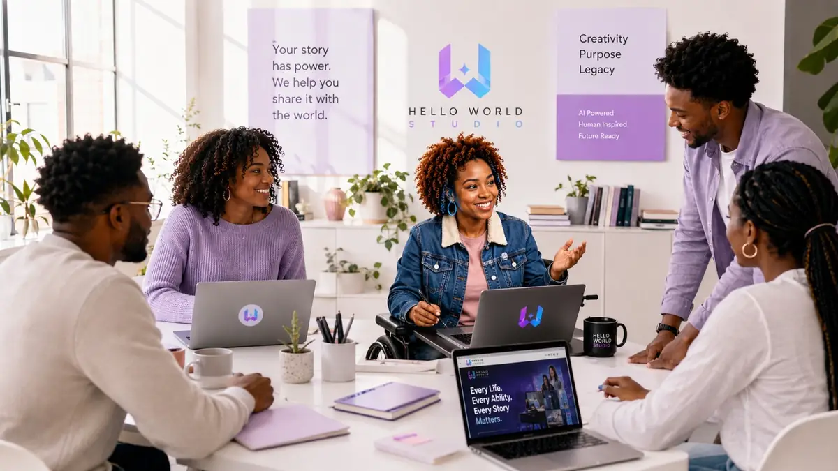 Inclusive Hello World Studio team collaborating in a bright creative workspace
