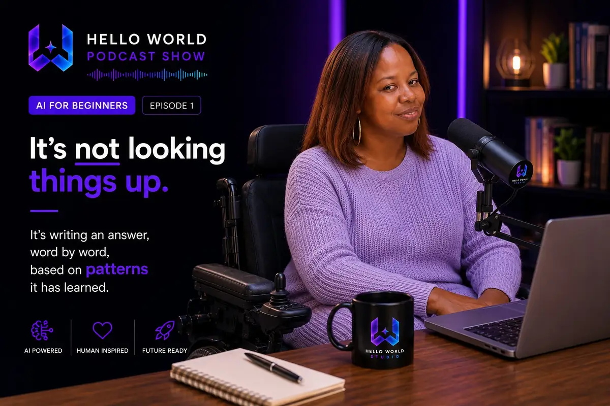 Hello World Podcast episode artwork featuring an inclusive presenter